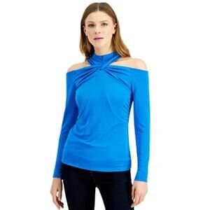 INC International Concept Twisted Cold-Shoulder Top Medium Bright Peacock Blue